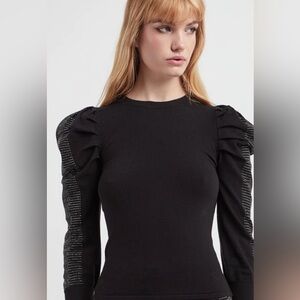 Zara NWOT”Black Long Sleeve Top with Puff Shoulders and Studded Sleeves,Sz L.